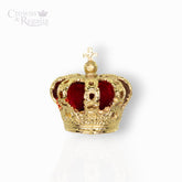 Gold crown with red center on a white background, branded 'Crowns & Regalia'.